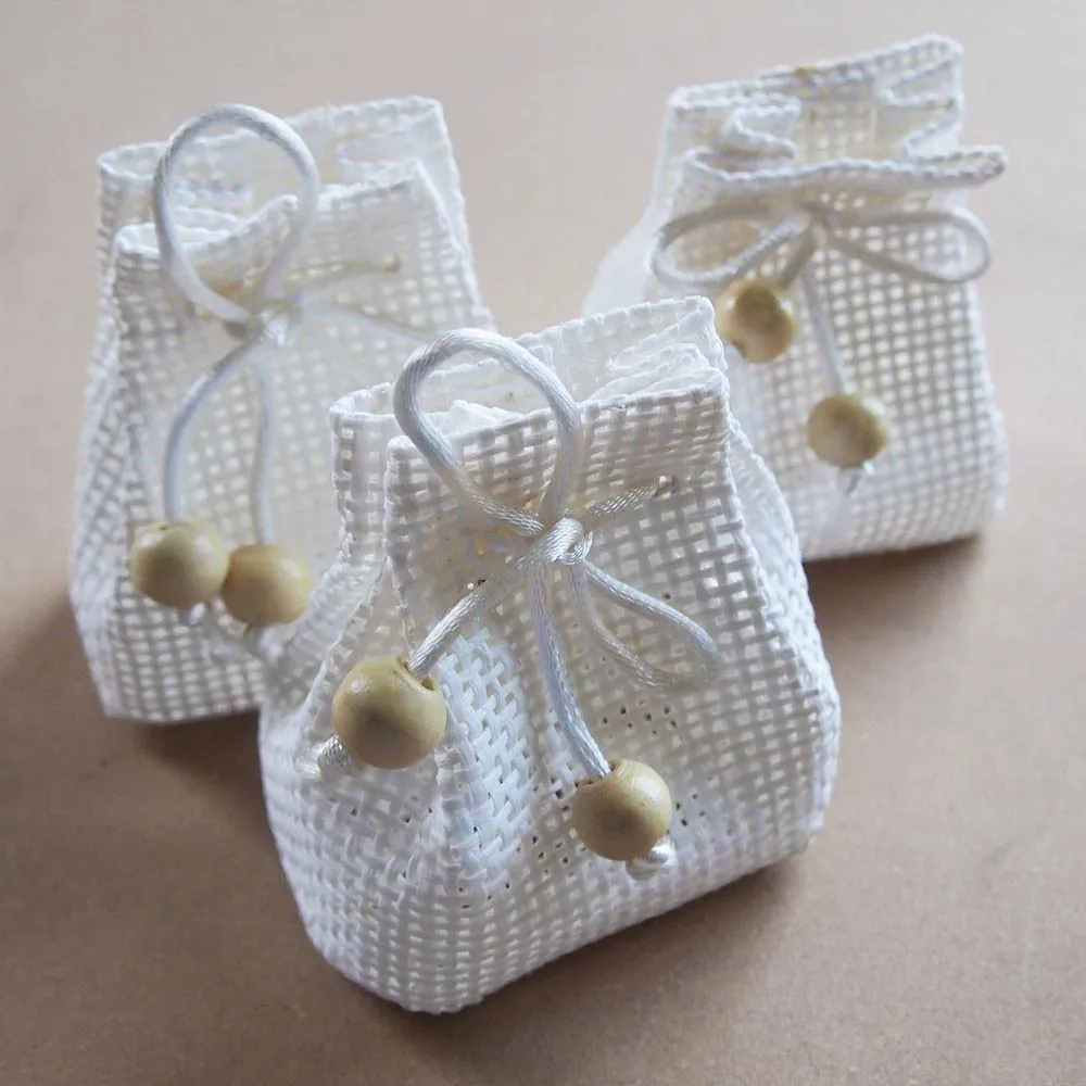 Drawstring Bag Woven Straw Favor Pouches, 2-3/4-inch, 12-Piece, White