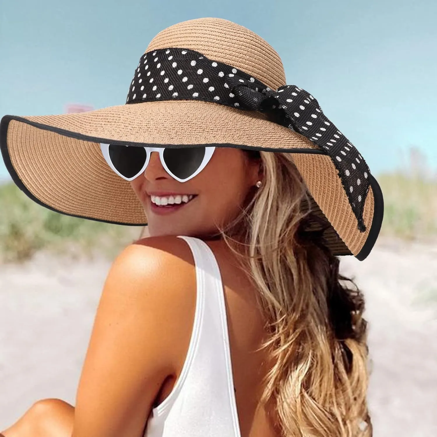 DRESHOW Beach Hats for Women Big Straw Wide Brim Summer Hat Floppy Foldable Roll up Cap Sun Hat UPF 50 