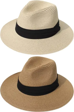 DRESHOW Women Straw Panama Hat Travel Fedora Beach Sun Hat Summer Wide Brim Straw Roll up Hat UPF 50 