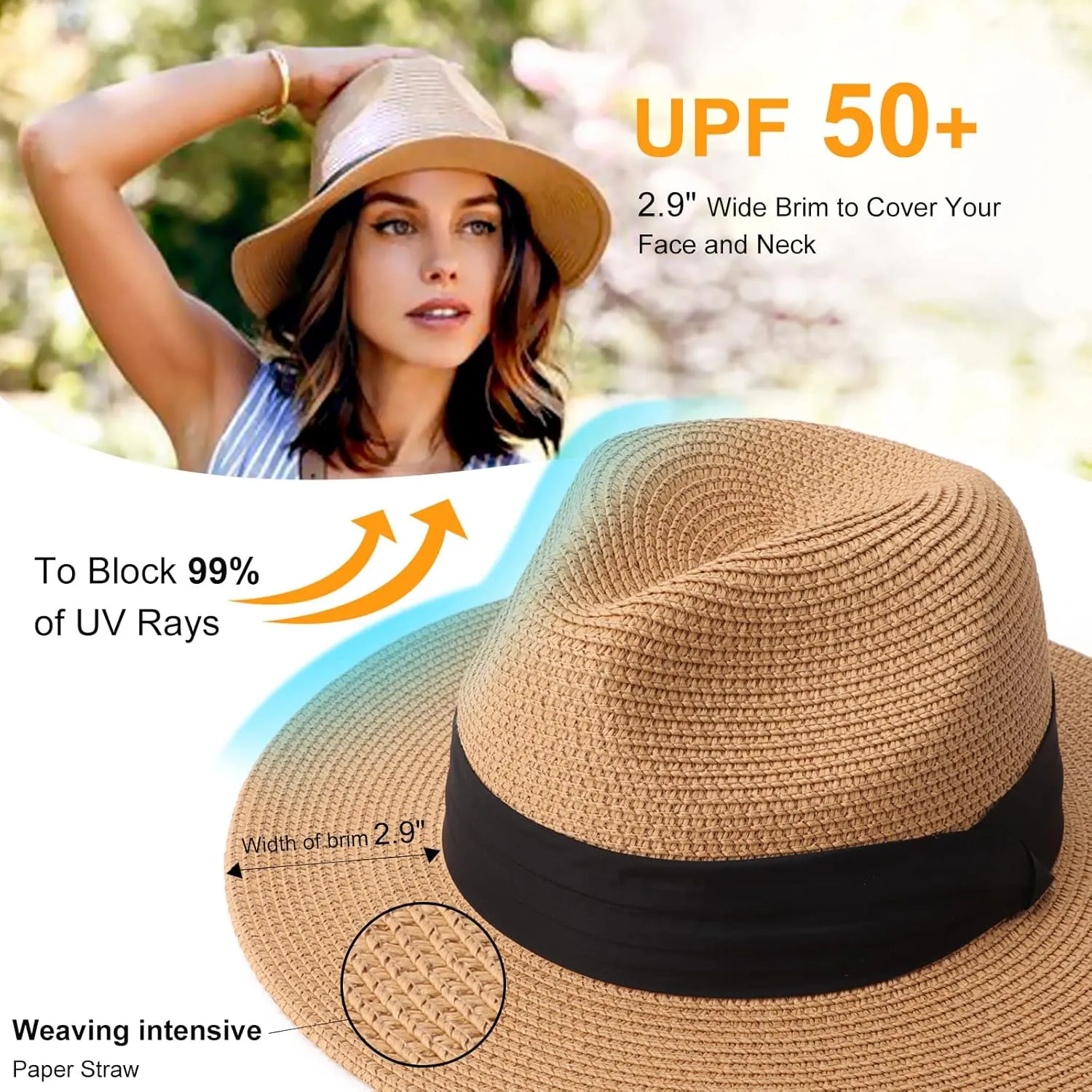 DRESHOW Women Straw Panama Hat Travel Fedora Beach Sun Hat Summer Wide Brim Straw Roll up Hat UPF 50 