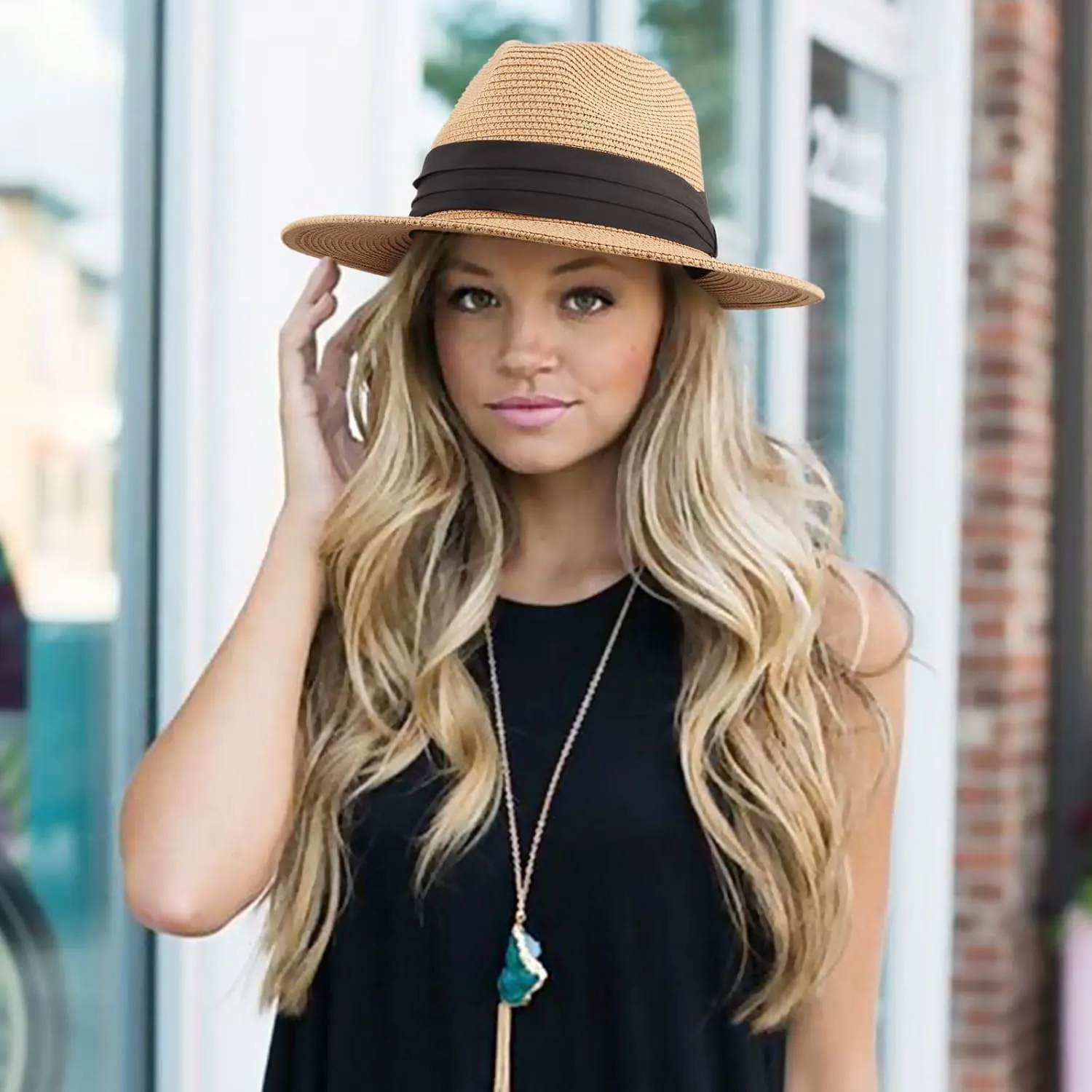 DRESHOW Women Straw Panama Hat Travel Fedora Beach Sun Hat Summer Wide Brim Straw Roll up Hat UPF 50 