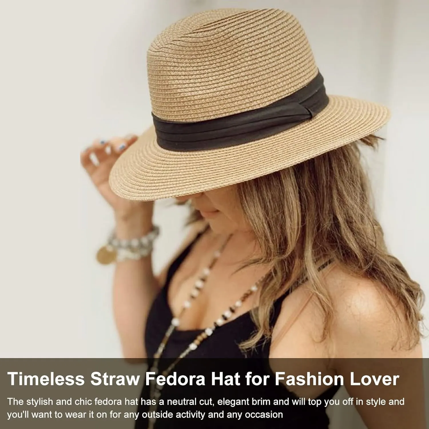 DRESHOW Women Straw Panama Hat Travel Fedora Beach Sun Hat Summer Wide Brim Straw Roll up Hat UPF 50 