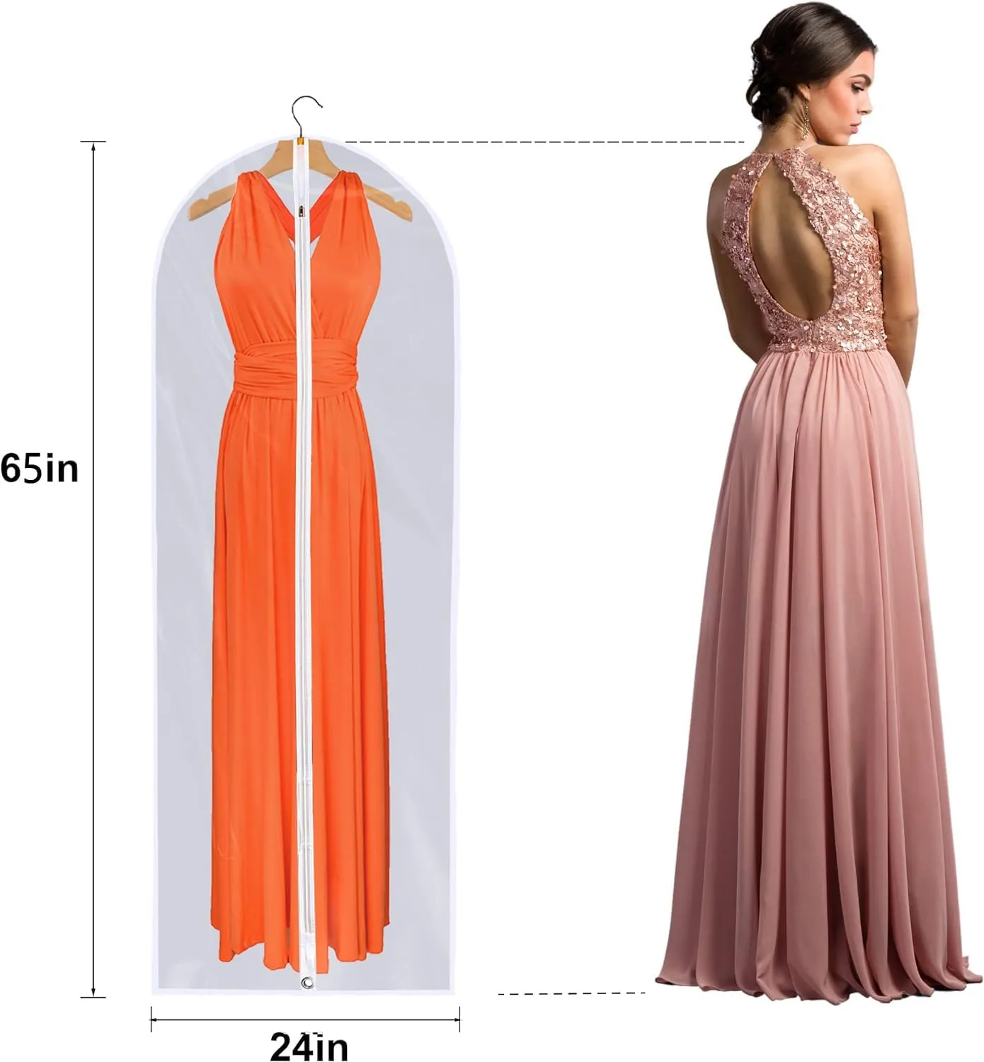 Dress Bags for Gowns Long - Foldable, 65" Clear Garment Bags for Closet Storage and Travel 24"x65"/ 2 Pack