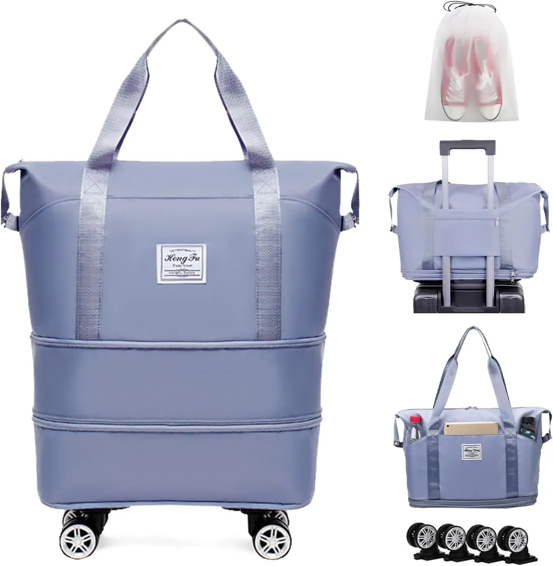 Duffel Bag with Wheels Rolling Duffle Bag Foldable Travel Bag Expandable Carry on Luggage Bag Large Tote Weekender Bags Blue