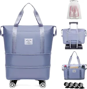 Duffel Bag with Wheels Rolling Duffle Bag Foldable Travel Bag Expandable Carry on Luggage Bag Large Tote Weekender Bags Blue