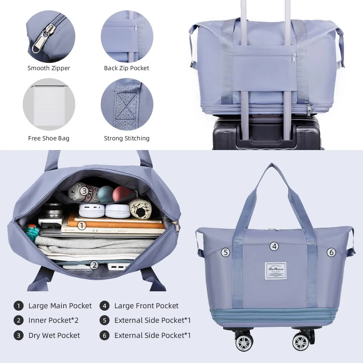 Duffel Bag with Wheels Rolling Duffle Bag Foldable Travel Bag Expandable Carry on Luggage Bag Large Tote Weekender Bags Blue