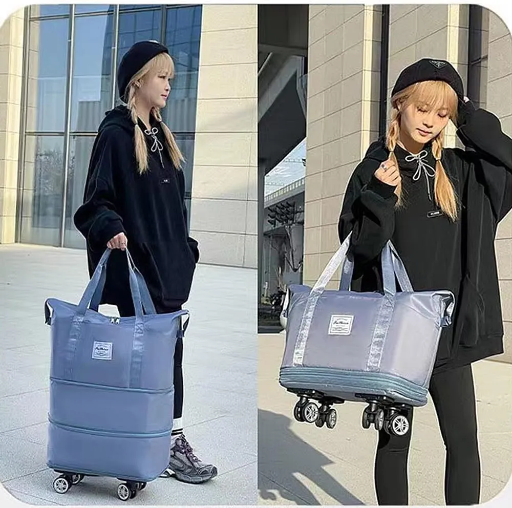 Duffel Bag with Wheels Rolling Duffle Bag Foldable Travel Bag Expandable Carry on Luggage Bag Large Tote Weekender Bags Blue