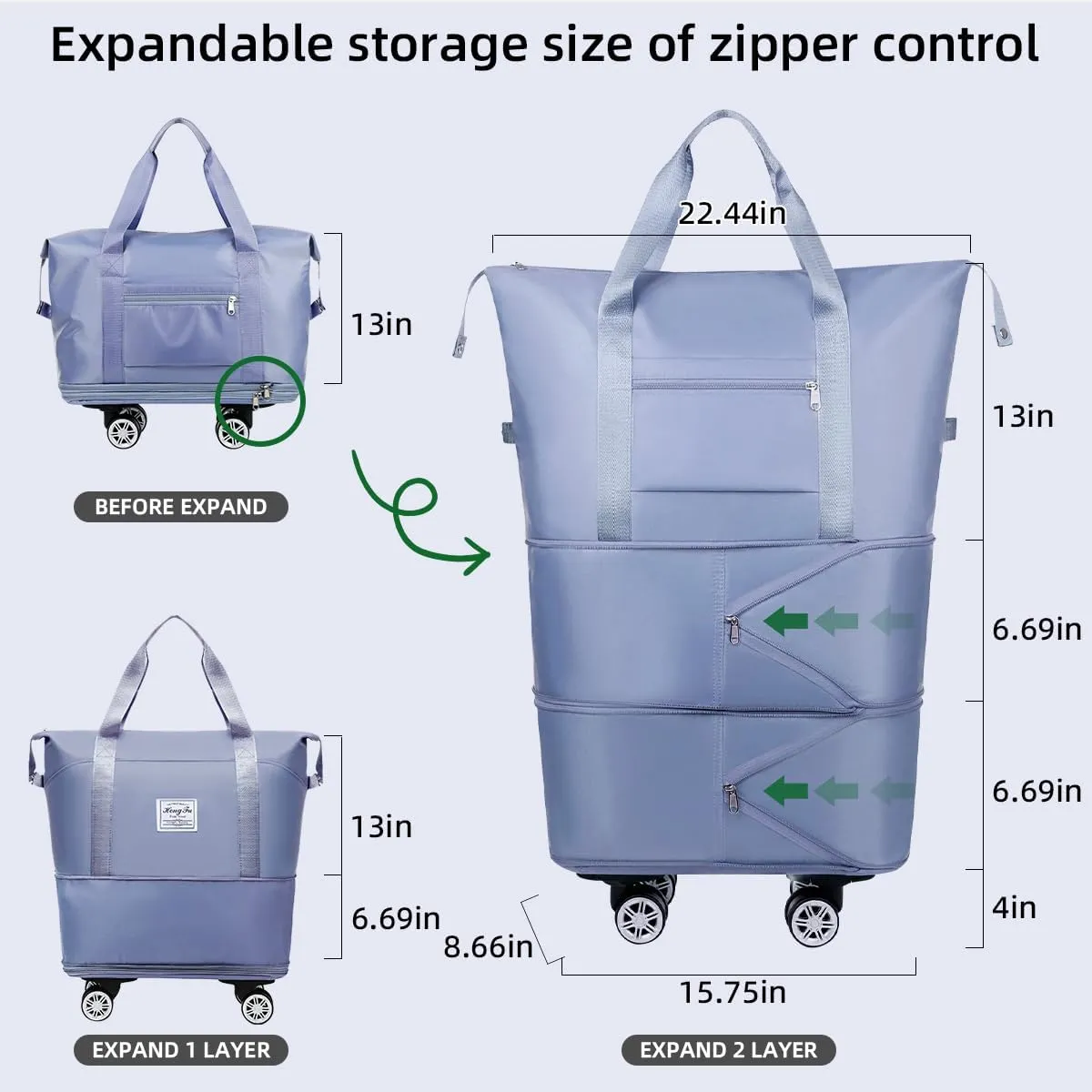 Duffel Bag with Wheels Rolling Duffle Bag Foldable Travel Bag Expandable Carry on Luggage Bag Large Tote Weekender Bags Blue