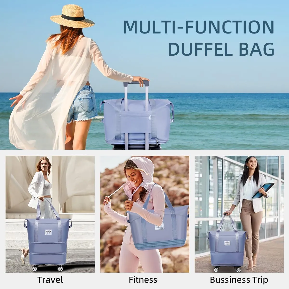 Duffel Bag with Wheels Rolling Duffle Bag Foldable Travel Bag Expandable Carry on Luggage Bag Large Tote Weekender Bags Blue