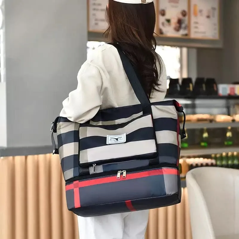 Durable Fitness Handbag, Folding Duffel Bag, Waterproof High Capacity Fashion Plaid Travel Hand Bag, Wet Dry Separation Sports Tote Bag, Women Shoulder Bags, Multifunctional Travel Bag, Convenient Foldable Travel Storage Bag