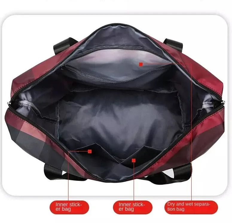 Durable Fitness Handbag, Folding Duffel Bag, Waterproof High Capacity Fashion Plaid Travel Hand Bag, Wet Dry Separation Sports Tote Bag, Women Shoulder Bags, Multifunctional Travel Bag, Convenient Foldable Travel Storage Bag