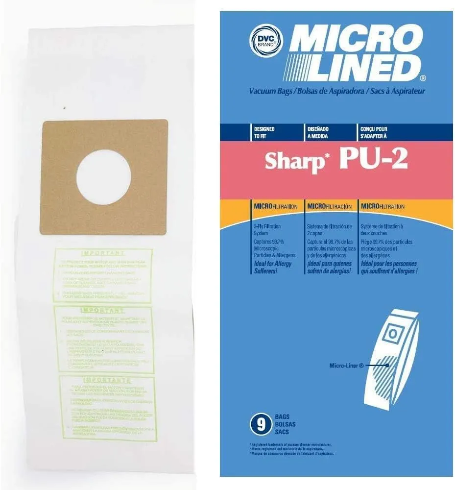 DVC Micro-Lined, Paper Replacement Bags For Sharp PU-2 Fit Upright Vacuums, 9 Bags