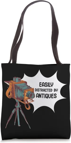 Easily Distracted By Antiques Retro Camera Junkin Thrifting Tote Bag