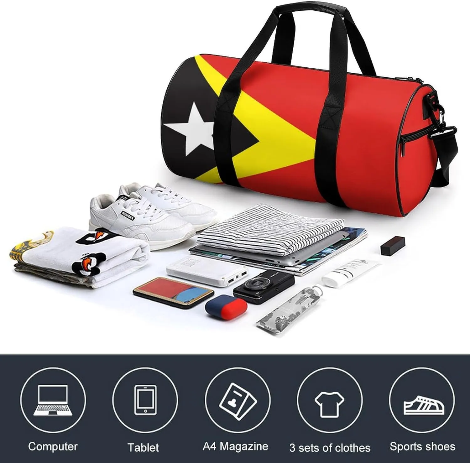 East Timor Flag Large Capacity Gym Duffel Bag for Men Women Dry Wet Separation Travel Overnight