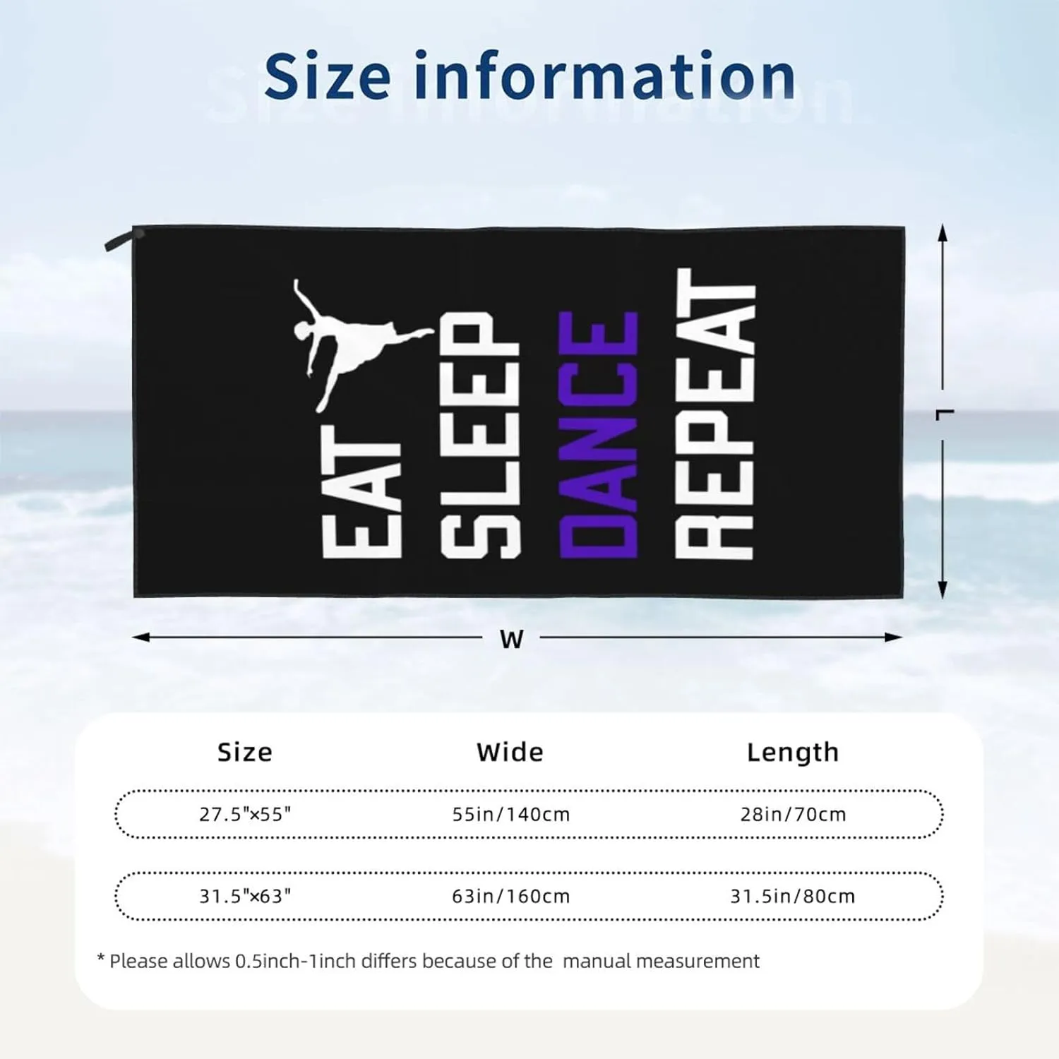 Eat Sleep Dance Repeat Beach Towel with Travel Bag 27.5"x55" Quick Dry Sand Free Lightweight Large Oversized Towels Light Vacation Essentials