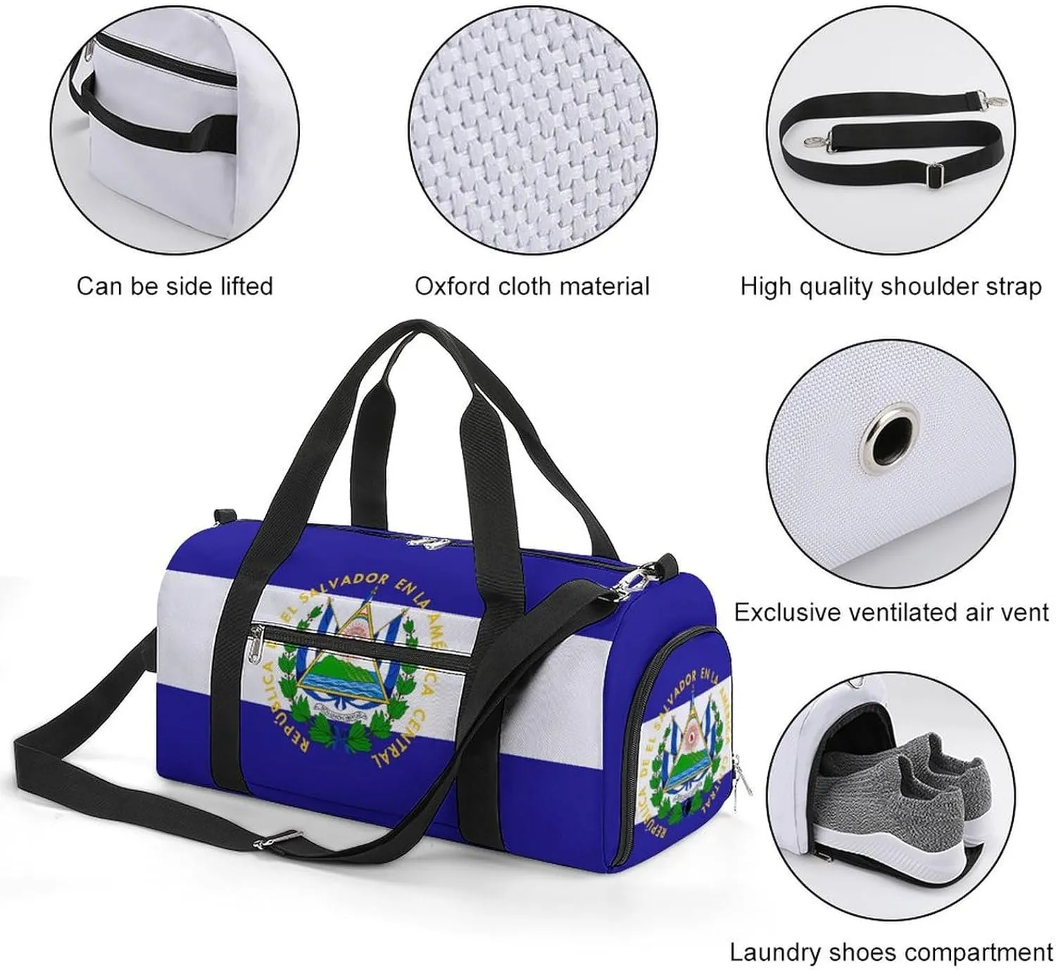 El Salvador Flag Travel Gym Bag with Shoe Compartment Waterproof Weekender for Sports Yoga Beach