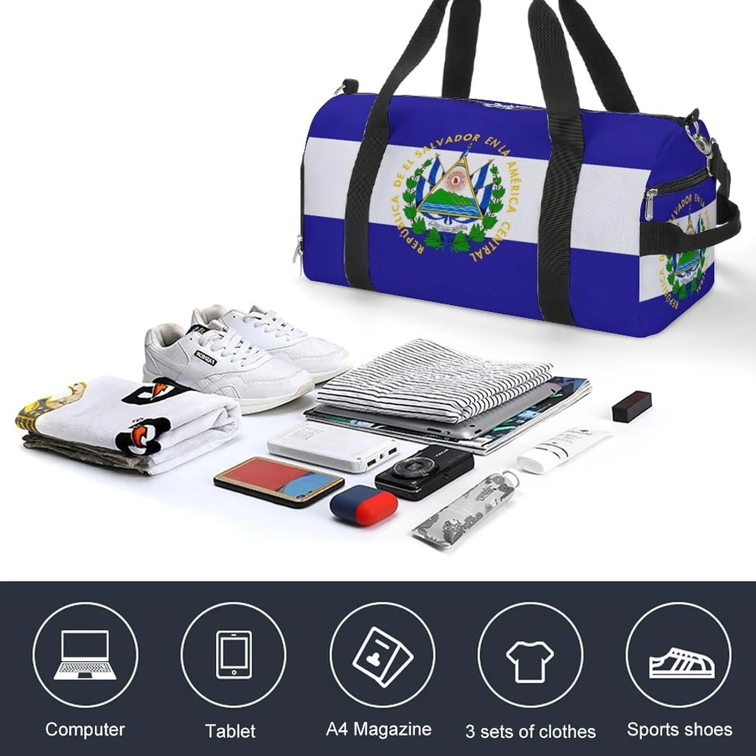 El Salvador Flag Travel Gym Bag with Shoe Compartment Waterproof Weekender for Sports Yoga Beach