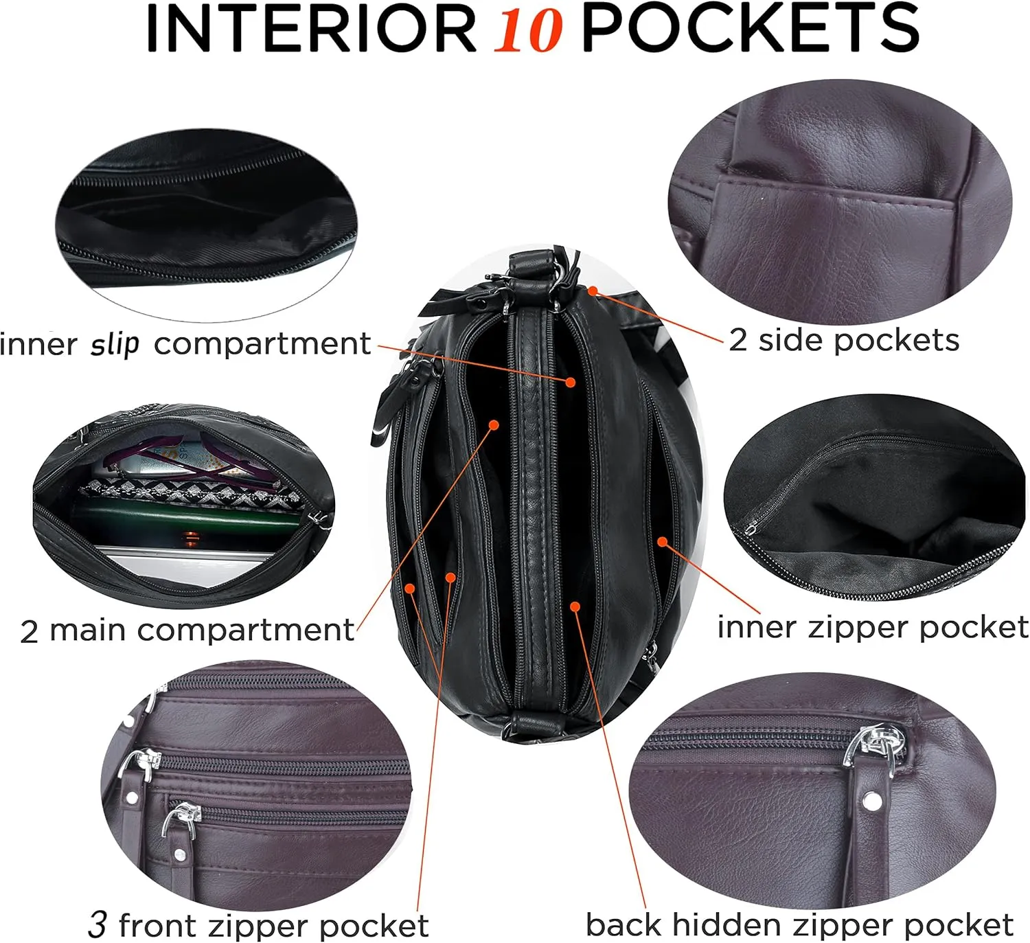ELDA 10 Pockets Crossbody Purses for Women Medium Pocketbooks Lightweight Ladies Satchel Bag Multi Pocket Shoulder Handbag