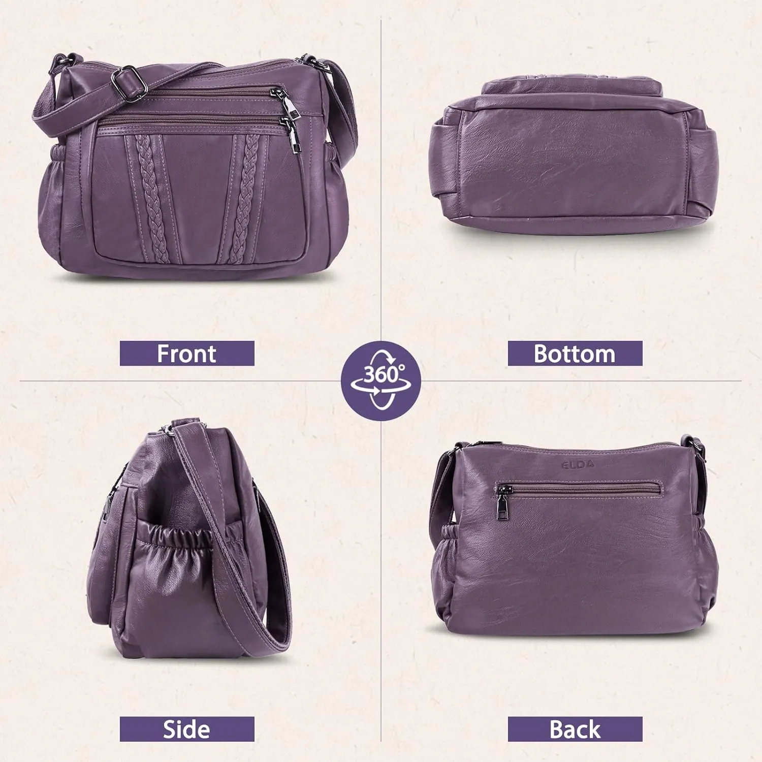 ELDA Crossbody Bags For Women Pocketbooks Soft PU Leather Purses and Handbags Multi Pocket Shoulder Bag
