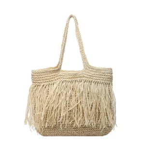 Elegant Straw Tote with Tassel Fringe