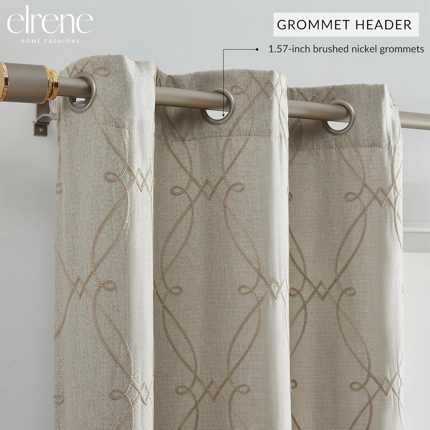 Elrene Home Fashions Palmetto Lattice Embroidered Thermal Blackout Window Curtain Panel with Grommets, Set of 2, 37"x63", Natural