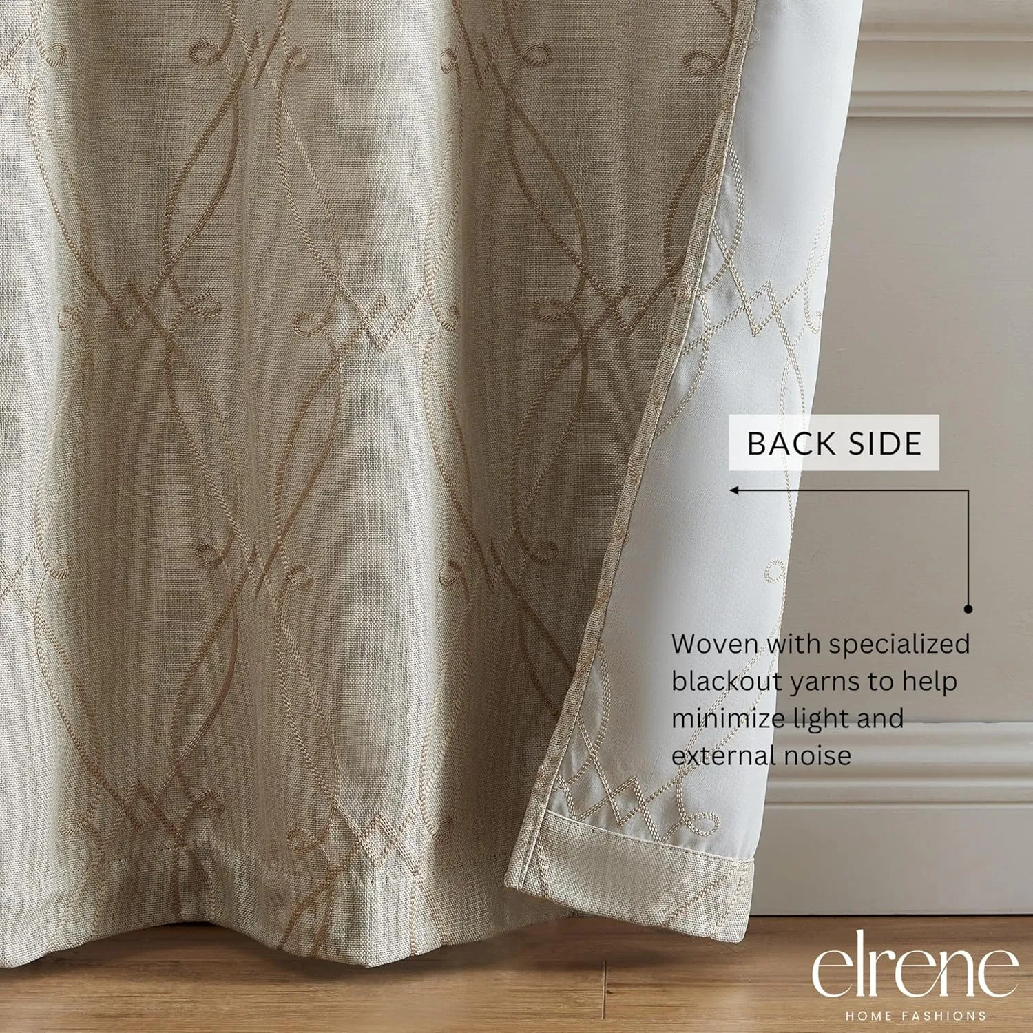 Elrene Home Fashions Palmetto Lattice Embroidered Thermal Blackout Window Curtain Panel with Grommets, Set of 2, 37"x63", Natural