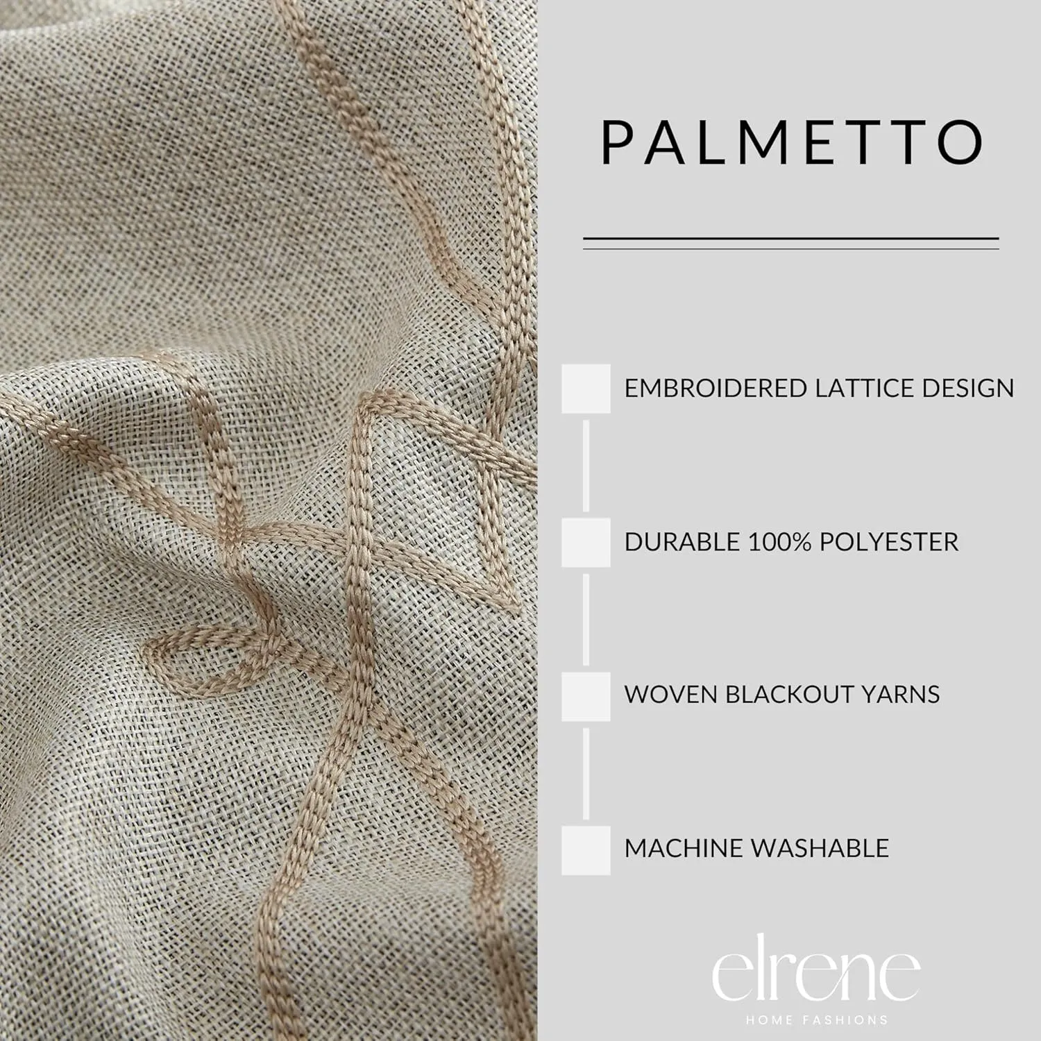 Elrene Home Fashions Palmetto Lattice Embroidered Thermal Blackout Window Curtain Panel with Grommets, Set of 2, 37"x63", Natural