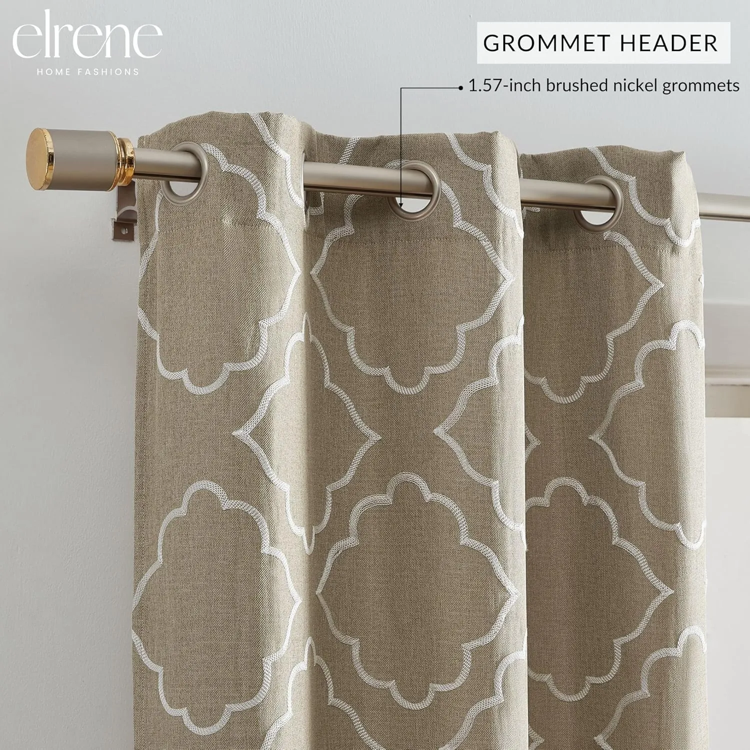 Elrene Home Fashions Valian Geometric Lattice Embroidered Thermal Blackout Window Curtain Panel with Grommets, Set of 2, 37"x63", Tan