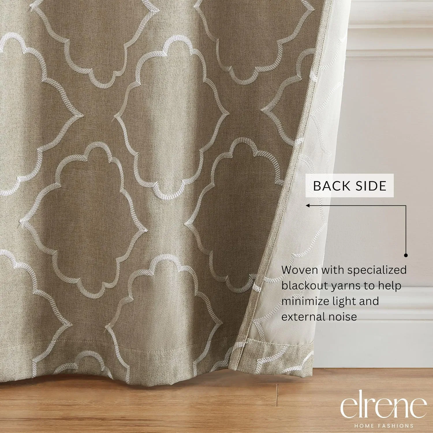 Elrene Home Fashions Valian Geometric Lattice Embroidered Thermal Blackout Window Curtain Panel with Grommets, Set of 2, 37"x63", Tan