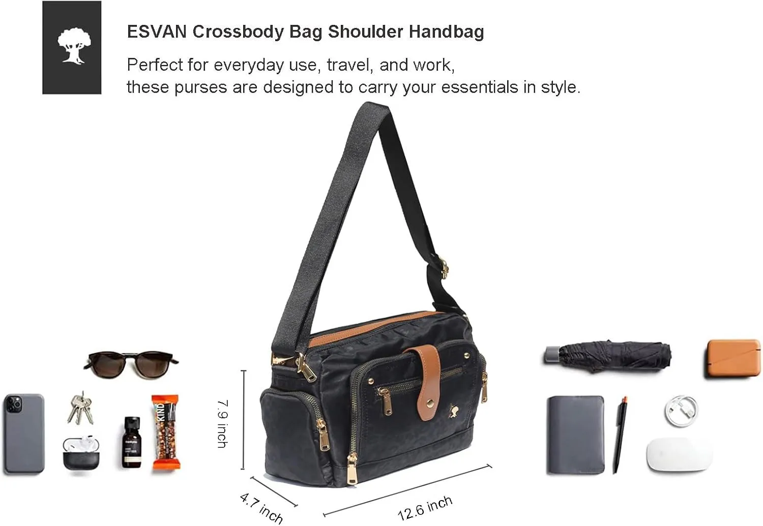 ESVAN Women Fashion Crossbody bags for Women Multi Pockets Cell Phone Camera Shoulder Handbags Travel Purse