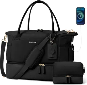 ETRONIK Gym Bag for Women, Canvas Duffle Bag with USB Charging Port, Weekender Overnight Bag with Wet Pocket and Shoes Compartment for Women, Travel, Gym, Yoga, Black