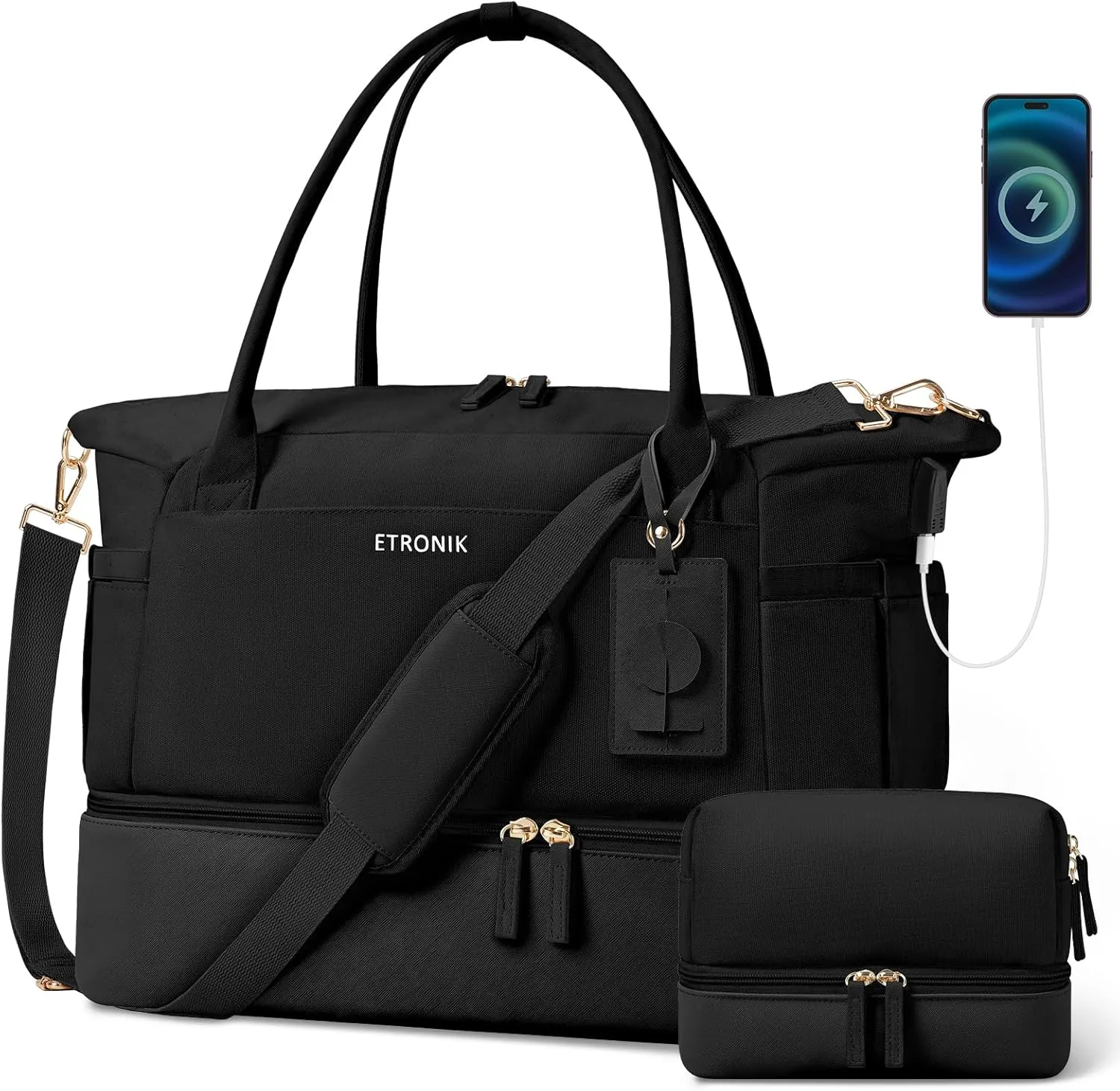 ETRONIK Gym Bag for Women, Canvas Duffle Bag with USB Charging Port, Weekender Overnight Bag with Wet Pocket and Shoes Compartment for Women, Travel, Gym, Yoga, Black