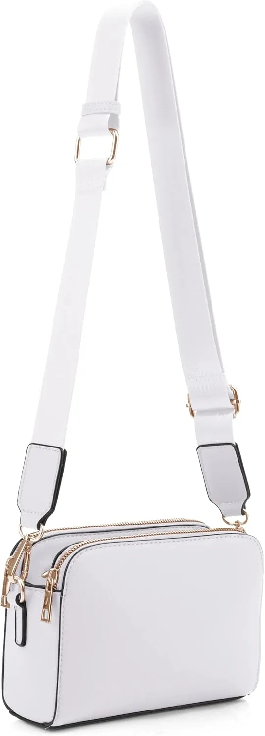 EVVE Crossbody Bags for Women Trendy Triple Zip Small Crossbody Camera Bag Purse with Wide Guitar Strap