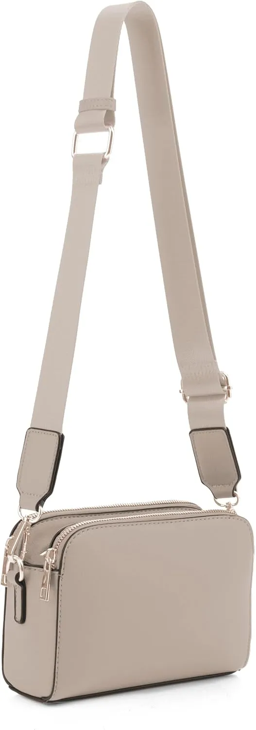 EVVE Crossbody Bags for Women Trendy Triple Zip Small Crossbody Camera Bag Purse with Wide Guitar Strap