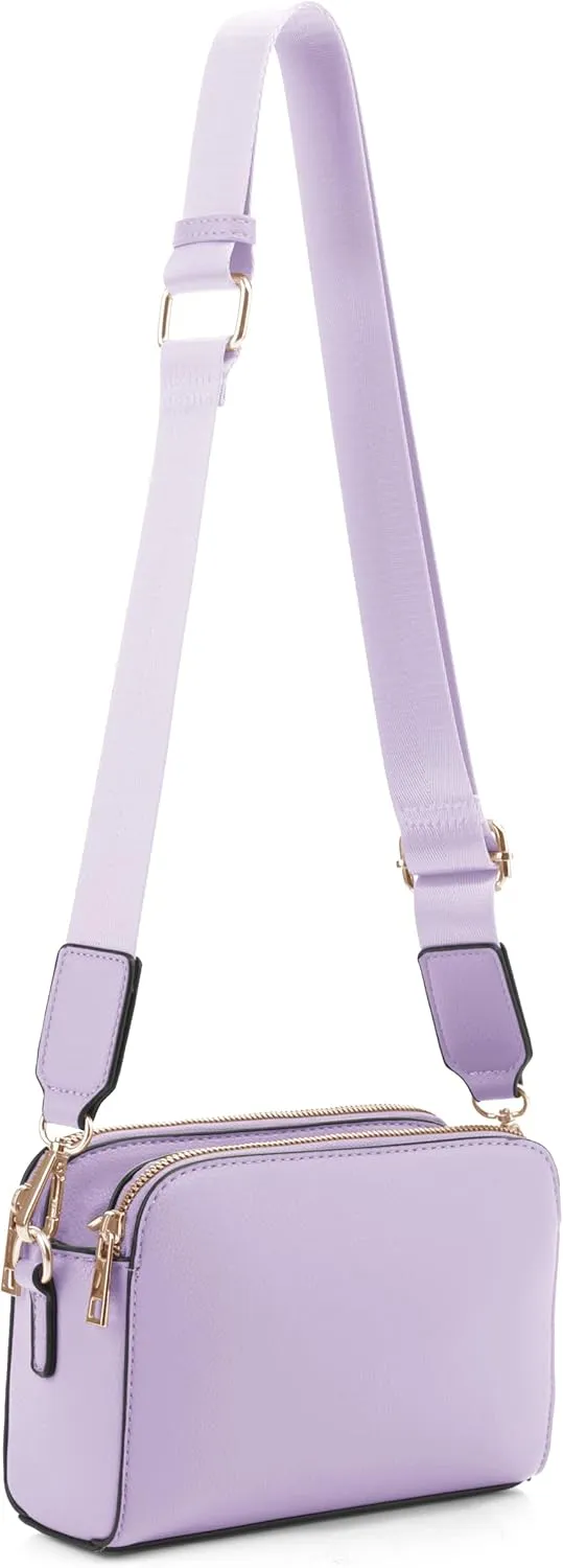 EVVE Crossbody Bags for Women Trendy Triple Zip Small Crossbody Camera Bag Purse with Wide Guitar Strap