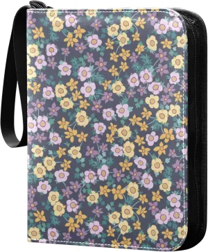 Exnundod 4 Pocket Trading Card Binder Bright Floral Pattern PU Leather Card Collection Binder Colorful Wildflowers 400 Cards Organizer Binder Collectible Trading Card Albums for Sports Game Card
