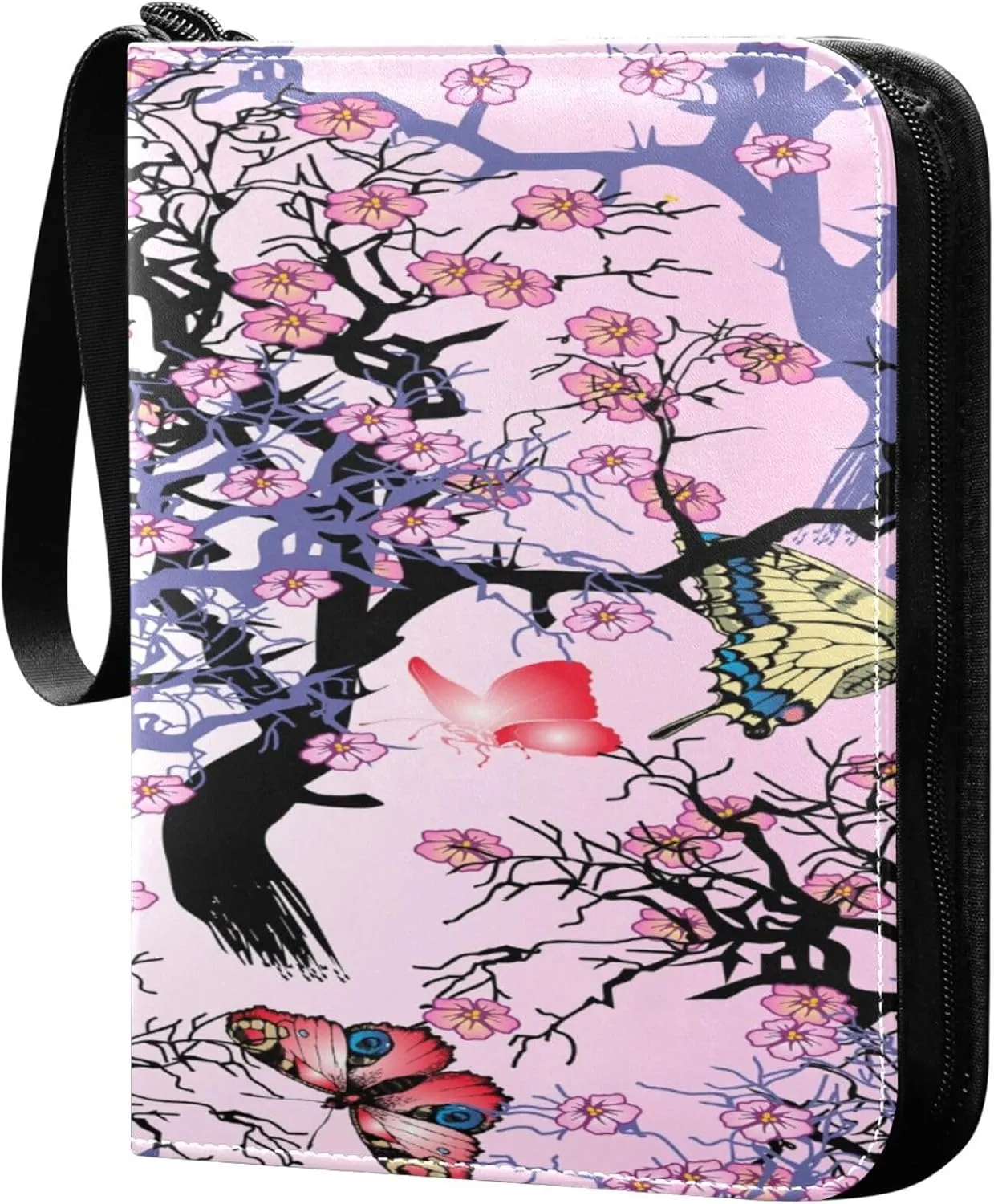 Exnundod 4 Pocket Trading Card Binder Cherry Tree Blossom, PU Leather Card Collection Binder Colorful Spring Butterflys 400 Cards Organizer Binder Collectible Trading Card Albums for Sports Game Card