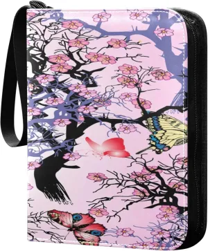 Exnundod 4 Pocket Trading Card Binder Cherry Tree Blossom, PU Leather Card Collection Binder Colorful Spring Butterflys 400 Cards Organizer Binder Collectible Trading Card Albums for Sports Game Card