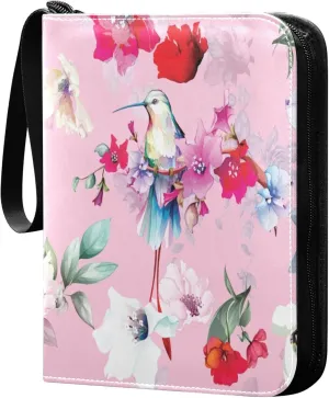 Exnundod 4 Pocket Trading Card Binder Colorful Flowers Hummingbird, PU Leather Card Collection Binder Spring Floral Pink 400 Cards Organizer Binder Collectible Trading Card Albums for Sports Game Car