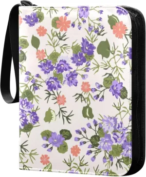 Exnundod 4 Pocket Trading Card Binder Colorful Purple Flowers PU Leather Card Collection Binder Watercolor Floral 400 Cards Organizer Binder Collectible Trading Card Albums for Sports Game Card