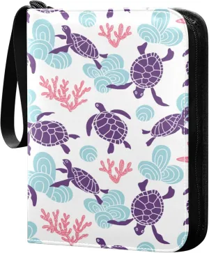 Exnundod 4 Pocket Trading Card Binder Coral Reef Fish Sea Turtles PU Leather Card Collection Binder Marine Animals Pattern 400 Cards Organizer Binder Collectible Trading Card Albums for Sports Game C