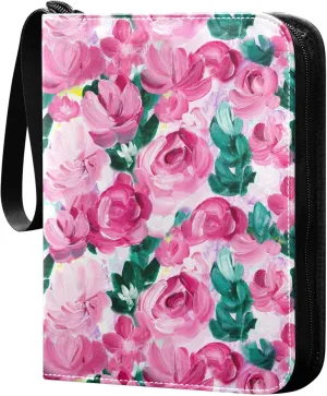 Exnundod 4 Pocket Trading Card Binder Pink Flowers Hand Drawn PU Leather Card Collection Binder Abstract Painting 400 Cards Organizer Binder Collectible Trading Card Albums for Sports Game Card