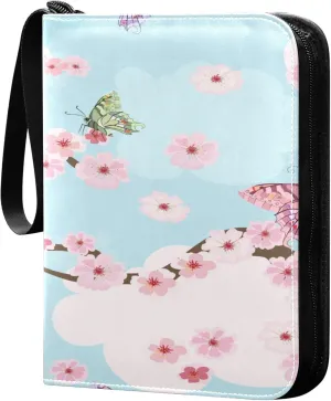 Exnundod 4 Pocket Trading Card Binder Spring Cherry Blossoms, PU Leather Card Collection Binder Colorful Butterflies Cloud 400 Cards Organizer Binder Collectible Trading Card Albums for Sports Game C