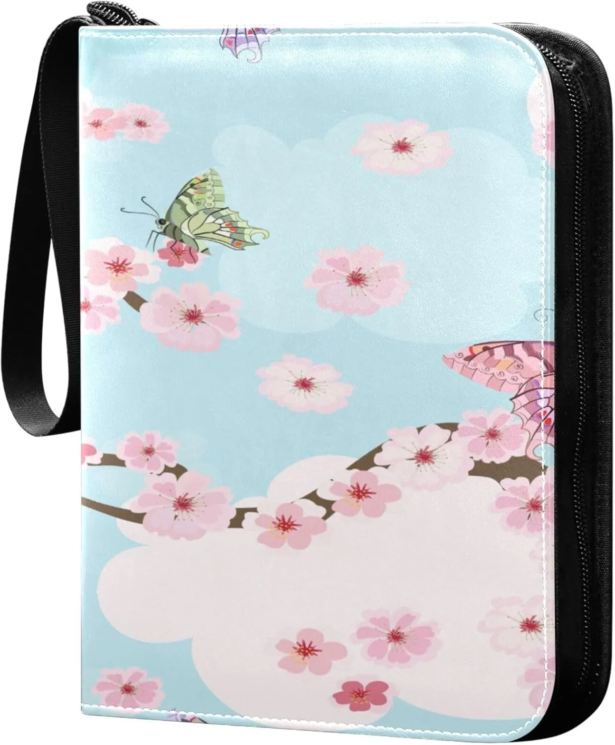 Exnundod 4 Pocket Trading Card Binder Spring Cherry Blossoms, PU Leather Card Collection Binder Colorful Butterflies Cloud 400 Cards Organizer Binder Collectible Trading Card Albums for Sports Game C