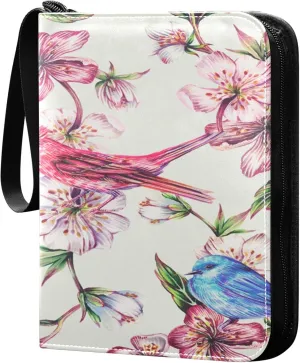 Exnundod 4 Pocket Trading Card Binder Spring Colorful Birds Florals, PU Leather Card Collection Binder Pink Flowers Branch 400 Cards Organizer Binder Collectible Trading Card Albums for Sports Game C