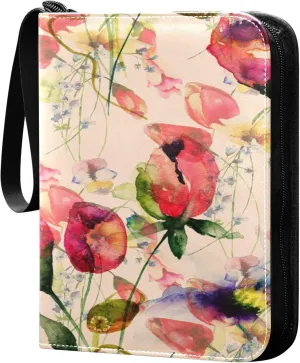 Exnundod 4 Pocket Trading Card Binder Spring Flower, PU Leather Card Collection Binder Watercolor Poppies Colorful 400 Cards Organizer Binder Collectible Trading Card Albums for Sports Game Card