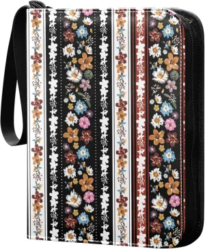 Exnundod 4 Pocket Trading Card Binder Stylish Boho Stripe PU Leather Card Collection Binder Colorful Flowers 400 Cards Organizer Binder Collectible Trading Card Albums for Sports Game Card