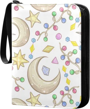 Exnundod Cartoon Moon Stars Trading Card Binder for Cards, Colorful Crystals Card Album 4-Pockets for 400 Cards with Removable Sleeves PU Baseball Card Holder Football Sports Card Collection