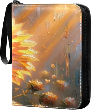 Exnundod Oil Painting Artistic Sunflower Trading Card Binder for Cards, Sunshine Card Album 4-Pockets for 400 Cards with Removable Sleeves PU Baseball Card Holder Football Sports Card Collection