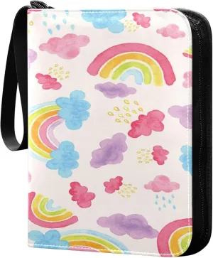 Exnundod Rainbows Clouds Watercolor Trading Card Binder for Cards, Fun Colorful Cartoon Card Album 4-Pockets for 400 Cards with Removable Sleeves PU Baseball Card Holder Football Sports Card Collecti